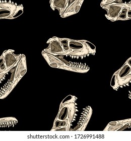 Carnivorous reptile dinosaur fossils seamless pattern. Trex fossilized skull wallpaper. Vector background tile