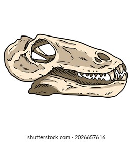 Carnivorous small Dinocephalia dinosaur fossilized skull hand drawn image. Carnivore reptile dino fossil illustration drawing. Vector stock silhouette