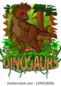 Carnosaur on the background of the forest. Vector logo. Dinosaur world