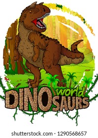 Carnosaur on the background of the forest. Vector logo. Dinosaur world