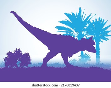 Carnotaurus  , Dinosaurs silhouettes in prehistoric environment overlapping layers  decorative background banner abstract vector illustration