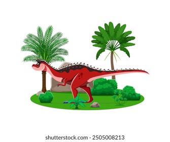 Carnotaurus prehistoric dinosaur character. Isolated cartoon vector carnivorous ancient reptile. Dino predator in a lush, vibrant tropical landscape with banana and palm trees, green bush and rock