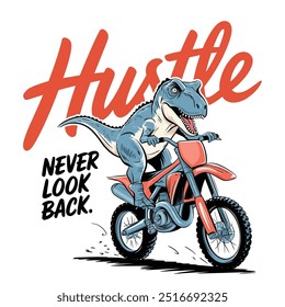 Carnotaurus Riding a Motocross Bike with Vintage Typography