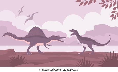 Carnotaurus vs spinosaurus. Carnivorous lizards. Ancient dinosaurs of the Jurassic period. Vector cartoon illustration. Prehistoric nature background. Wild landscape