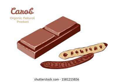 Carob bar slice isolated on white background. Natural organic candy, dessert. Vegan snack. Vector illustration of diet healthy food in cartoon simple flat style.