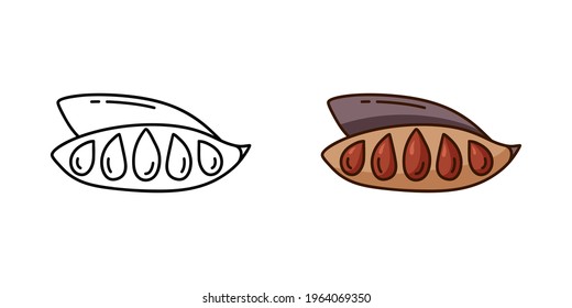 Carob doodle icon. Linear and color version. Hand drawn illustration of pod with seeds. Contour isolated vector pictogram on white background