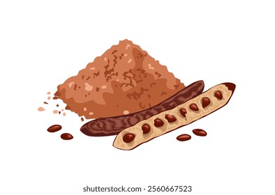 Carob pod bean and carob powder isolated on white background. Vector cartoon flat illustration.