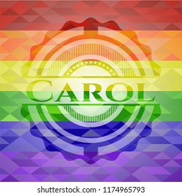 Carol on mosaic background with the colors of the LGBT flag