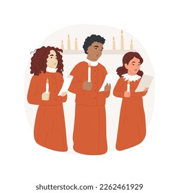 Carol service isolated cartoon vector illustration. Group of kids caroling in the church, children choir singing hymns about Christmas, religious festivals, holy days vector cartoon.