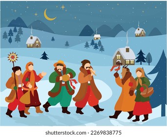 Carol singers glorify God with a carol. Winter in a snowy village.