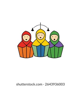 carolers in colorful scarves singing under lantern