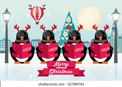 carolers/ penguins christmas vector/illustration