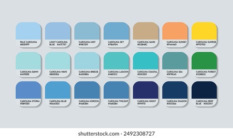 Carolina Color Palette, Carolina Color Guide Palette with Color Names. Catalog Samples of Carolina with RGB HEX codes and Names. Carolina Blue Colors Palette Vector, Fashion Trend Blue Color Palette