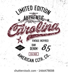 "Carolina". Vintage Textured Design for T Shirt. Badge, Logo, Poster. Vector Illustration.