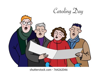 Caroling Day. Vector illustration. Three men and woman singing on a street. Red guy, business man, nice woman, cool guy with blue hair. Hand drawn illustration.