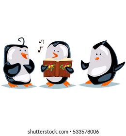 Caroling illustration with cartoon penguins. Vector Christmas illustration with cute animals.