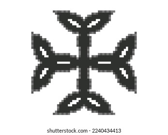 Carolingian cross in pixel style. Pixelated Carolingian cross. Celtic knot. Style of 8-bit retro games from the 80s and 90s. Design for app, banner and poster. Vector illustration
