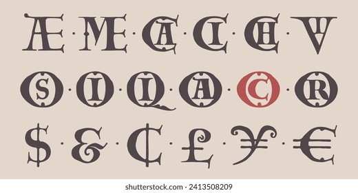 Dólar Majuscule Carolingiano, Euro, Porcentaje, Ligaturas. Antigua fuente románica del siglo XIII. Capitales cuadradas de manuscrito medieval. Grabado en mayúsculas, base para las capitales lombardas.