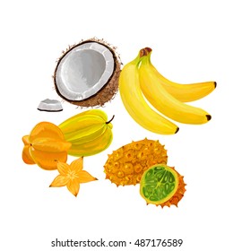 carom. banana. coconut.  Fruit Vector Isolated. Exotic tropical fruits vector. Juicy and ripe fruit. Cucumis metulifer. Kiwano or horned melon with slices. Isolated objects. vector 