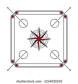 Carom oder Carrom indianisches Brettspiel. Schwarz-Rot-Muster. Vektorgrafik einzeln auf weißem Hintergrund