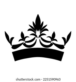 Carona black icon isolated on white background. Silhouette outline crown. Symbol monarch. Leader attribute. Tiara emperor. Flat emblem jewelry. Kingdom corona. Royalty crest. Vector illustration