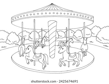 Carousel amusement park landscape graphic black white sketch illustration vector