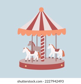  Carousel, carrousel, merry-go-round, roundabout with horses isolated. Flat vector illustration.