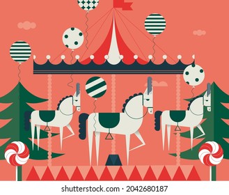 carousel with christmas trees and balloon vector, illustration