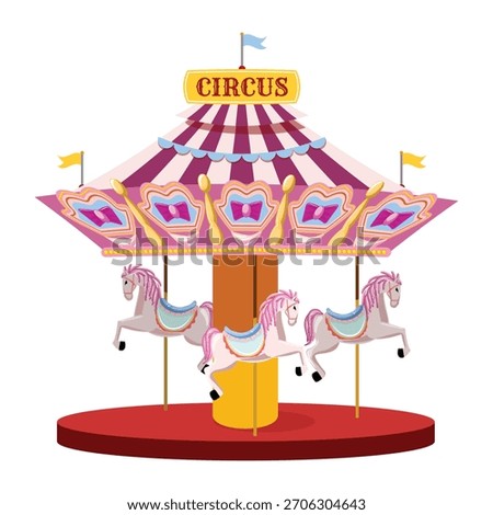 Carousel, circus ride, horses, striped tent, festival fairground, pink purple yellow, amusement illustration