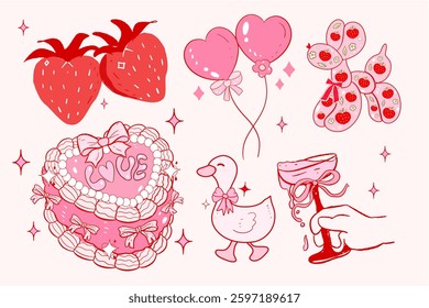 Carousel collection of whimsical, coquette clipart, cute, y2k, coquette aesthetic, bows clipart, ,vintage,RETRO,AESTHETIC,nostalgia, retro vintage cake, strawberry, champagne glasses, hand drawn goose