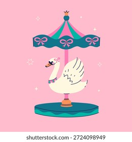 Carrossel com um cisne bonito em um fundo rosa. Gráficos vetoriais.