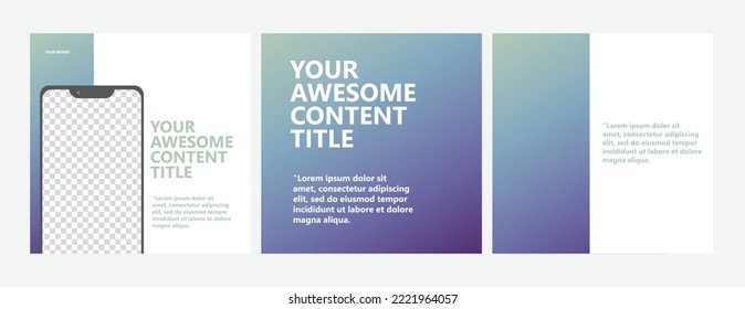 Carousel gradient colored social media post vector template. Three pages microblog style post featured by image space with phone screen as a frame.