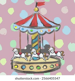 Carousel hand draw. Vector, isolated. Watercolor texture. Childish, fun and interesting. Pastel colors. With white horses.