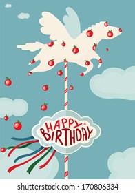 Carousel Horse and Apples Happy Birthday Card. Birthday merry go round horse. Vector drawing EPS8.