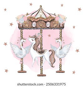 Carousel, Horse Carousel, Hand Drawn Illustrations, Vector Images