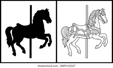 Carousel Horse Illustration Set with One Black Silhouette and One Detailed Outline Drawing