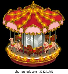 Carousel horse isolated on black background. The object of the amusement Park for children. Vector illustration.