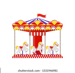 Carousel horse. Merry go round. Vector. Vintage amusement park carrousel. Funfair ride flat icon, isolated on white background. Cartoon illustration. Swinging playground.