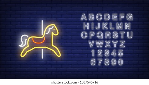 Carousel horse neon sign. Yellow animal seat on dark blue brick wall. Night bright advertisement. Vector illustration in neon style for amusement park and leisure