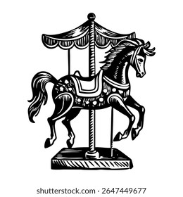 Carousel horse ride, vintage vector illustration