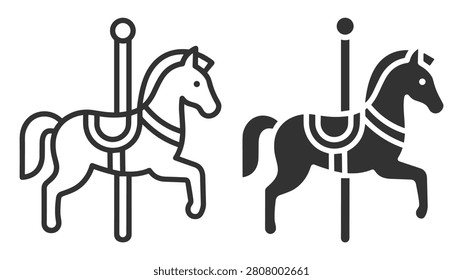 carousel horse vector illustration set with pole amusement park ride on transparent background