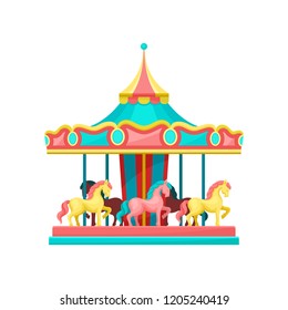 Carousel with horses, amusement park element vector Illustration on a white background