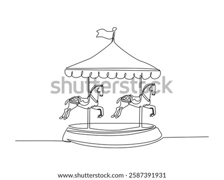 Carousel horses line art drawing vector illustration. Continuous line art drawing of Amusement Parks Carousel. Editable stroke.