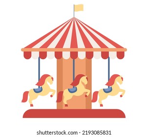 Carousel horses or merry-go-round ride in amusement park. Vector flat illustration 