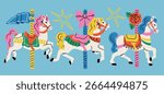 Carousel horses set. Cute bright colorful merry go round horses. Retro vintage carousel style. Hand drawn modern Vector illustration. Isolated design elements. Print, logo, sticker templates
