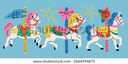 Carousel horses set. Cute bright colorful merry go round horses. Retro vintage carousel style. Hand drawn modern Vector illustration. Isolated design elements. Print, logo, sticker templates