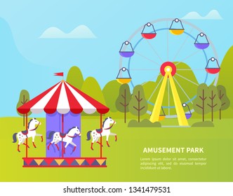 Carousel with horses vector, amusement park for kids and adults, ferris wheel and spinning attractions. Forest with trees and greenery, poster with text
