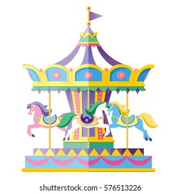 Carousel with horses. Vector illustration. Colorful children's carousel.