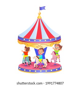 A carousel with horses, vector Illustration on a white background. Amusement park. Vector illustration for children.