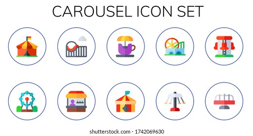 carousel icon set. 10 flat carousel icons. Included circus, ferris wheel, roller coaster, fairground, spinning teacup, amusement park, merry go round icons